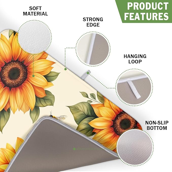 Spring Summer Dish Drying Mat 16x18 Inch Absorbent Reversible Sunflower Drying Mat Sunflower Bee Dish Drying Rack Mat Yellow Summer Themed Dish Drainer Mat for Kitchen Counter Coffee Bar