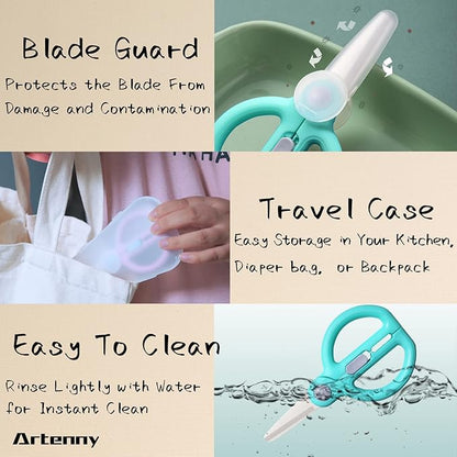 Baby Food Scissors with Travel Case, Ceramic Food Scissors Kids, Toddler Scissors with Safety Lock, Ideal for Pizza, Meats, Noodles, Vegetables, and Fruits (D)