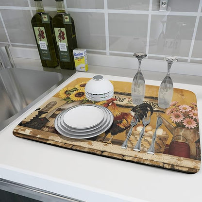 Giwawa Farmhouse Rooster Dish Drying Mat Vintage Chicken Sunflowers Dish Drainer Mats 18"x24" Rustic Primitive Microfiber Reversible Dish Drying Rack Pad Protector for Kitchen Countertop Decor