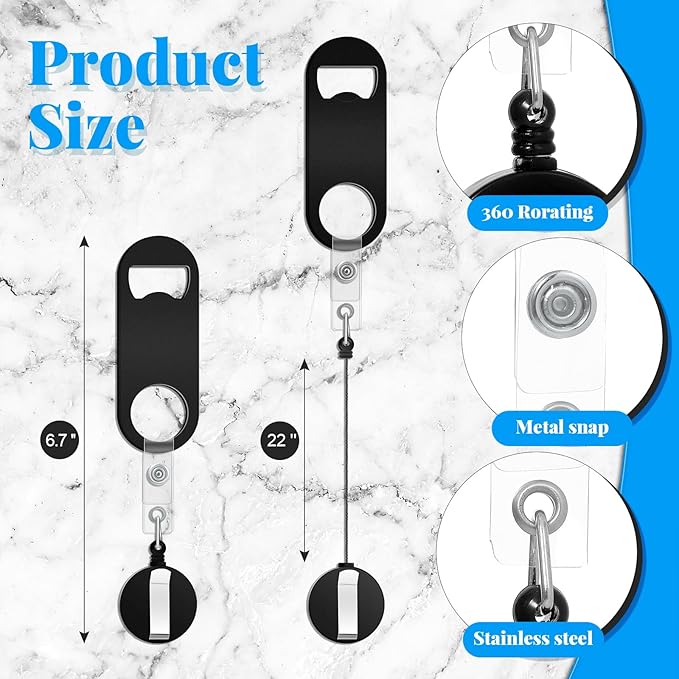 Honoson 8 Pieces Retractable Bottle Opener Bartender Flat Beer Opener with Round Badge Reel Clips Holder for Kitchen Restaurant Home Supplies Party Gifts (Classic,Black and White) - Image 2