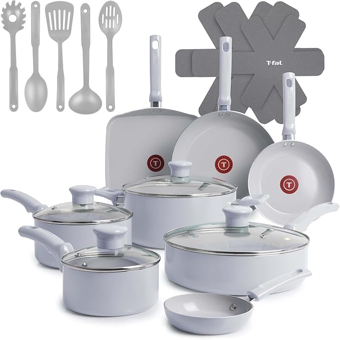 T-Fal Refresh Ceramic Nonstick Cookware Set, 20-Piece, Oven Safe to 350°F, Includes Stockpot, Griddle, Frying Pans, Utensils, Ceramic Pots and Pans Set, Blue by T-falbrand