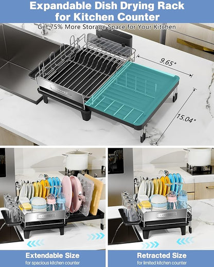 Expandable Dish Drying Rack, Dish Racks for Kitchen Counter, Stainless Steel 304, Flip-Top Retractable Plate, Multi-Directional Adjustable Dish Rack, Space Saving Large Drying Rack Kitchen, Black - Image 2