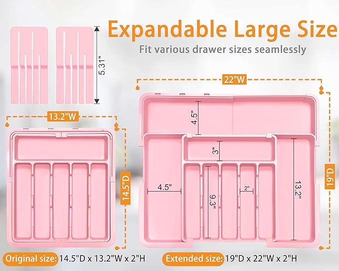 Homecor Silverware Organizer - Expandable Large Kitchen Drawer Organizer Utensil Organizer with 2 Knife Block Inserts, 22"x 19"Cutlery Tray with Drawer Dividers for Kitchen Flatware (Pink) - Image 2