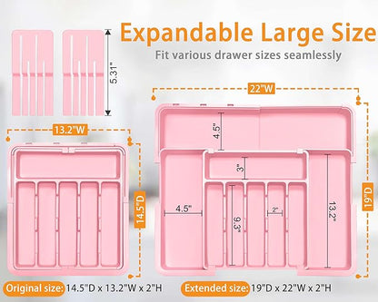Homecor Silverware Organizer - Expandable Large Kitchen Drawer Organizer Utensil Organizer with 2 Knife Block Inserts, 22"x 19"Cutlery Tray with Drawer Dividers for Kitchen Flatware (Pink) - Image 2