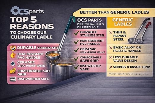 OCS Parts Professional Series Stainless Steel Culinary Ladle | 4 Ounce | Heat Resistant PVC Handle, Dishwasher Safe 14-Inch Soup Ladle for Home and Commercial Kitchens