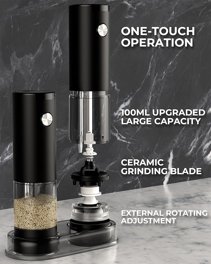 Electric Salt and Pepper Grinder Set, Automatic Battery Salt and Pepper Shakers，6 Adjustable Coarseness with LED, 100ml Upgraded Larger Capacity Pepper Mill Shakers for Kitchen, Dining and Gifts