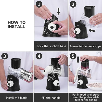 Rotary Cheese Grater with Handle, Kitchen Mandoline Vegetable Slicer with 3 Interchangeable Blades & Strong Suction Base, Easy to Clean Grater for Vegetables, Fruit, Nuts, Black - Image 6