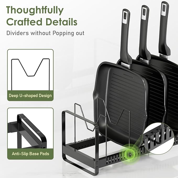 MUDEELA Pot Rack Pan Organizer inside Cabinet - Expandable Pot Lid Organizer for Cabinet with 12 Adjustable Dividers, Cutting Board Organizer Holder Baking Rack Kitchen Cabinet Storage Organization - Image 3