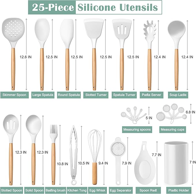 E-far White Cooking Utensils Set with Holder, 25-Piece Silicone Kitchen Utensil Set with Wooden Handle for Nonstick Cookware, 446°F Heat Resistant Kitchen Tool Spatula Tongs Whisk, Non-toxic & Healthy - Image 2