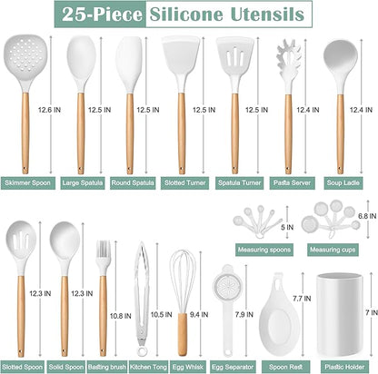 E-far White Cooking Utensils Set with Holder, 25-Piece Silicone Kitchen Utensil Set with Wooden Handle for Nonstick Cookware, 446°F Heat Resistant Kitchen Tool Spatula Tongs Whisk, Non-toxic & Healthy - Image 2