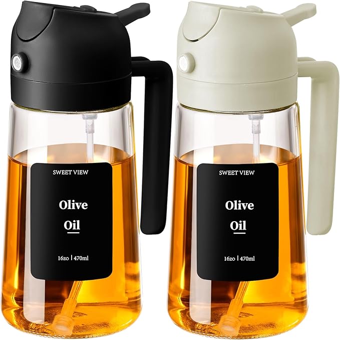 SWEET VIEW 2PCS Oil Sprayer for Cooking, 16oz/470ml Glass Oil Dispenser/Pour Bottle, Kitchen Accessories, Kitchen Gadgets for Air Fryer, Salad, BBQ, with Stickers (Black,White) by SWEETVIEW