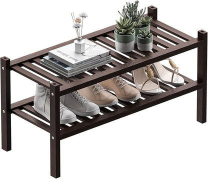 ROMGUAR CRAFT 2 Tier (Thick) Bamboo Shoe Rack for Closet Free Standing Wood Shoe Shelf for Entryway Small Space Stackable 27"x12"x14" (Black Brown) by ROMGUAR+CRAFT