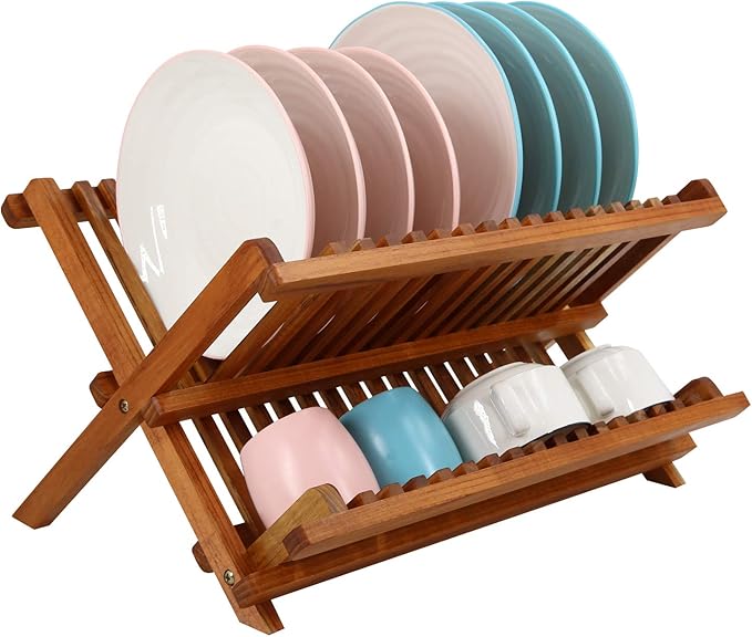 Utoplike Teak Dish Drainer Rack Collapsible 2 Tier Dish Rack Dish Drying Rack Foldable Plate Organizer Holder for Kitchen Compact Countertop by Utoplike