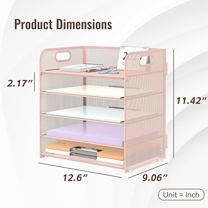 Supeasy 5 Trays Paper Organizer Letter Tray with Handle-Mesh Desk File Holders, Paper Sorter Desk Organizer for Office, Home, Classroom or School, Pink - Image 6