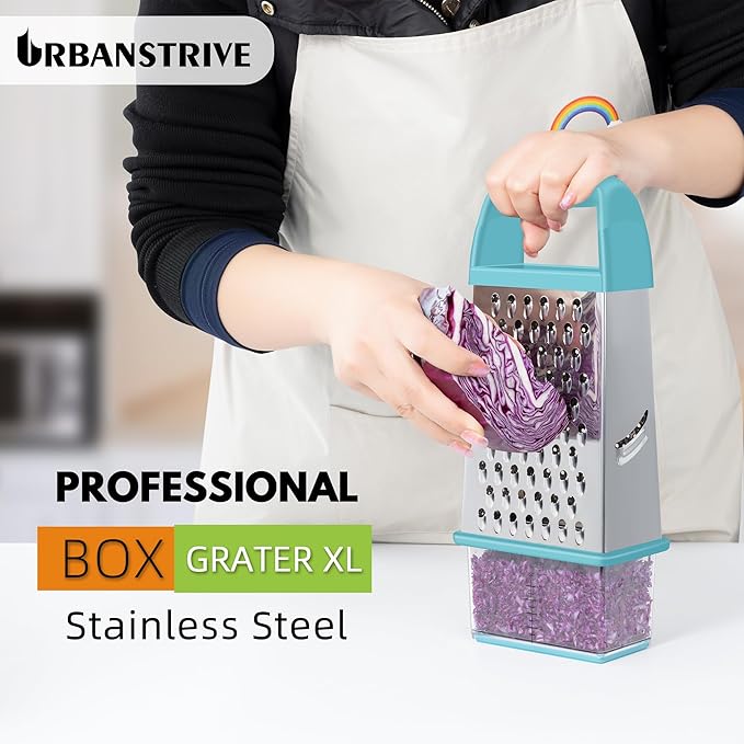 Urbanstrive Cheese Grater With Container, Professional Cheese Grater with Handle, Stainless Steel Graters for Kitchen Handheld, Box Grater with 4 Sides for Vegetables, Ginger, Potatoes (Blue) - Image 5