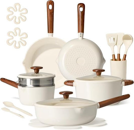 CAROTE 21pcs Cookware Set Nonstick Pots and Pans Set, Ceramic Cookware Set Induction Cookware, Non toxic Healthy Non Stick Kitchen Cooking Set, PFAS PTFE Free, White by CAROTE