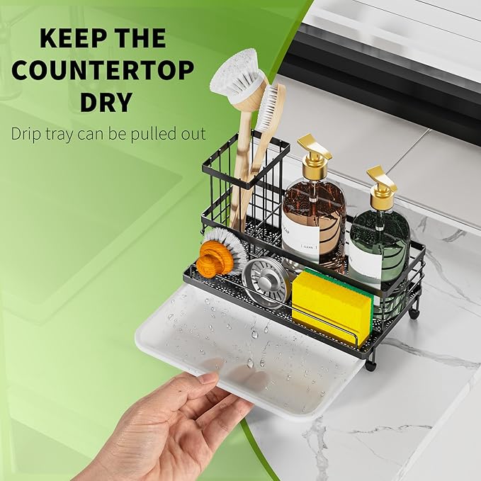 Cisily Large Capacity Kitchen Sink Caddy Organizer, Rustproof Non-Slip Sponge Holder With Dish Brush Holder Organizer, Kitchen Organization and Storage, Essentials Accessories for Countertop - Image 4