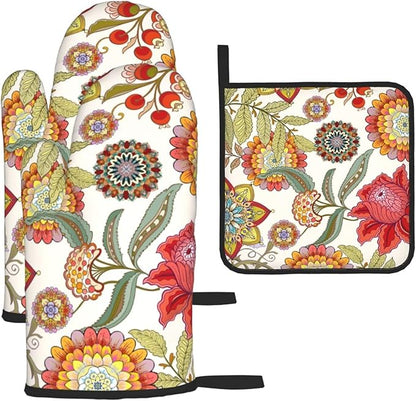 Boho Floral Oven Mitts and Pot Holders Sets of 3 Heat Resistant Hot Pads Colorful Flower Decorative Oven Gloves for Cooking Grilling Baking Kitchen Decor by Unknown