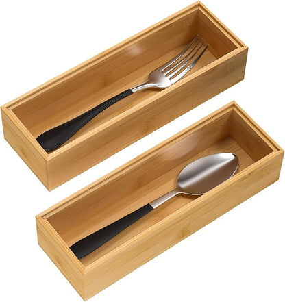 VeyFey Silverware Tray for Drawer, Stackable Kitchen Bamboo Drawer Organizer 9" x 3" x 2" Set of 2 by VeyFey