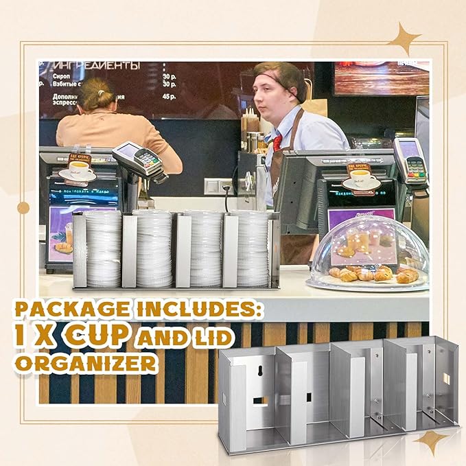 Hicarer 4 Compartments Stainless Steel Cup Dispenser with Adjustable Dividers Silver Cup and Lid Holder Lid Organizer Storage for Cabinet Kitchen Cafe Tea Shop Restaurant, Silver - Image 3