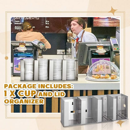 Hicarer 4 Compartments Stainless Steel Cup Dispenser with Adjustable Dividers Silver Cup and Lid Holder Lid Organizer Storage for Cabinet Kitchen Cafe Tea Shop Restaurant, Silver - Image 3