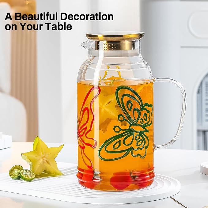 Buaic Glass Pitcher with Lid and Handle,2 PACK 68 oz/2 Liter Vintage Hand Painted Butterfly Design Fridge Water Pitcher, Borosilicate Glass Water Carafe for Hot/Cold Water Iced Sun Tea,Heat Resistant - Image 7