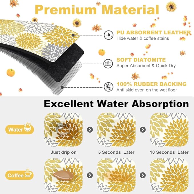 Findosom 2PCS 12" x 20" Fall Dish Drying Mat & 24" x 5.5" Sink Splash Guard, Super Absorbent & Cuttable Dish Mat Drying Kitchen Mat with Yellow Floral, Hide Stain Drying Mat for Kitchen Counter - Image 3