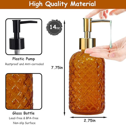 Glass Soap Dispenser with Gold Plastic Pump, 13.5oz Refillable Liquid Hand Soap Dispenser, Crystal Lotion Bottle for Modern Home Decor, Bathroom, Kitchen Countertop, Hotel(Orange)