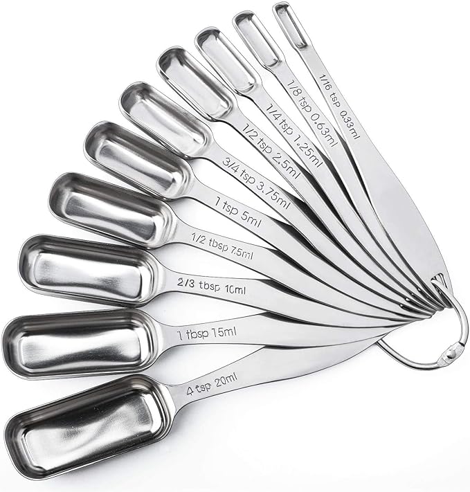 FANGSUN Narrow Measuring Spoons Set of 10, Heavy-Duty Stainless Steel Measuring Spoons with Long Handles & Engraved Measurements, Fits in Spice Jars, for Baking & Cooking by FANGSUN