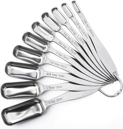 FANGSUN Narrow Measuring Spoons Set of 10, Heavy-Duty Stainless Steel Measuring Spoons with Long Handles & Engraved Measurements, Fits in Spice Jars, for Baking & Cooking by FANGSUN