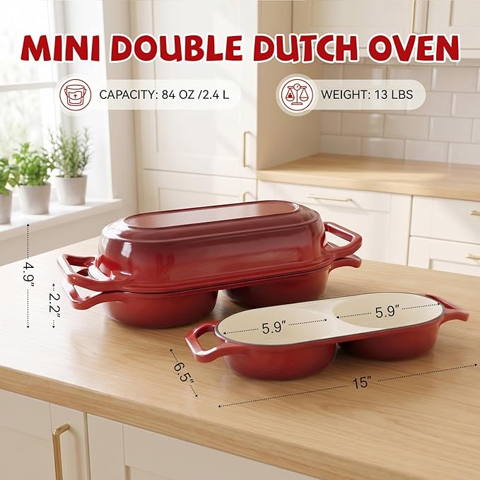 Double Dutch Oven Pot with Lid, Enameled Cast Iron Bread Loaf Pan, Dutch Oven For Sourdough Bread Baking, 500°F Oven Safe Non Stick Dual Round Bread Pan, 16.5cm Diameter Loaf Pans, Red