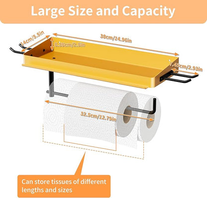SUNTECH Garage Paper Towel Holder with Shelf, Yellow Heavy Duty Shop Towel Holder, Paper Towel Holder Wall Mount with 2 Hooks for Garage, Workshop, Tool Room Organization - Image 4
