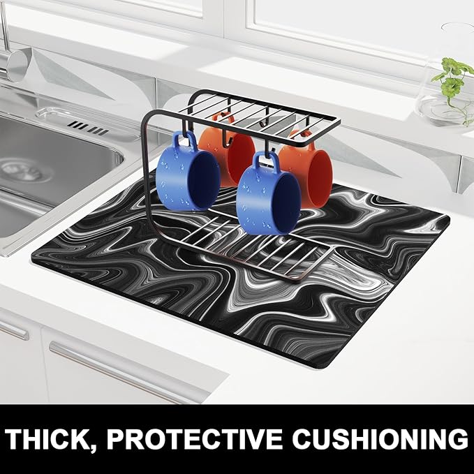 Rnivvi Dish Drying Mat for Kitchen Counter, 16 x 18" Cute Boho Theme Absorbent Heat Resistant Drying Pad with Non-slip Rubber, Coffee Bar Mats for Coffee Machine Dish Rack, Abstract Contour - Image 2