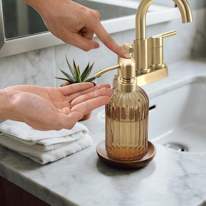 16 OZ Amber Glass Soap Dispenser, Amber Stripe Bathroom Hand Soap Dispensers with Stainless Steel Brushed Gold Pump,Brown Glass Kitchen Hand Soap Dispenser with Brushed Gold Pump