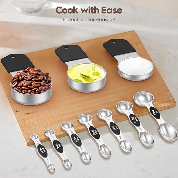 Magnetic Measuring Cups and Spoons Set - 304 Stainless Steel | Dual-sided Design | Set of 15 with Leveler | Strong N52 Magnetic Nesting Design | for Dry & Liquid Ingredients (Black) - Image 7