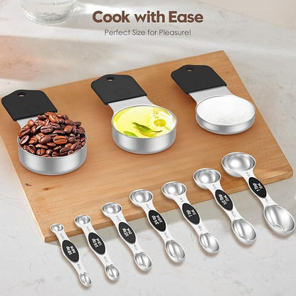 Magnetic Measuring Cups and Spoons Set - 304 Stainless Steel | Dual-sided Design | Set of 15 with Leveler | Strong N52 Magnetic Nesting Design | for Dry & Liquid Ingredients (Black) - Image 7