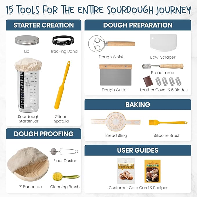 Sourdough Starter Kit, Banneton Bread Proofing Basket Set with 24oz Starter Jar, Sourdough Bread Baking Supplies with 9'' Round Banneton Baskets, Bread Making Baking Tools Gifts for Bakers - Image 2