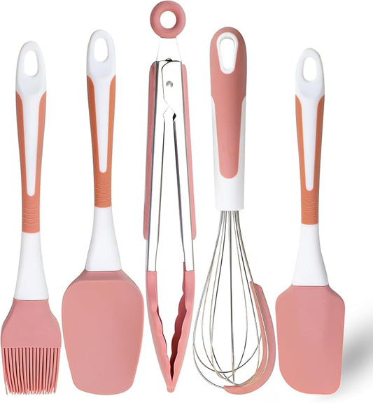 Silicone Spatula Set, 5 Pcs Heat Resistant, Soft & Strong, Nonstick Cookware, Dishwasher Safe (Pink) by XoYoZo