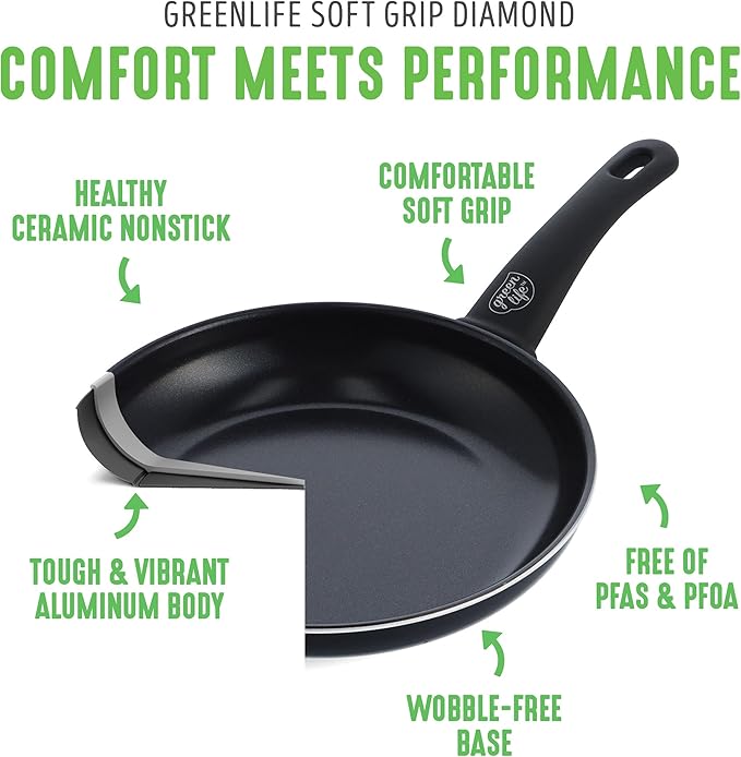 GreenLife 16 Piece Nonstick Cookware Set, Soft Grip Non-Toxic PFAS-Free Ceramic Pots & Pans, Dishwasher & Oven Safe, Frying, Sauce, Saute, Utensils, Glass Lids, Stay-Cool Handles, Wobble Free, Black - Image 4