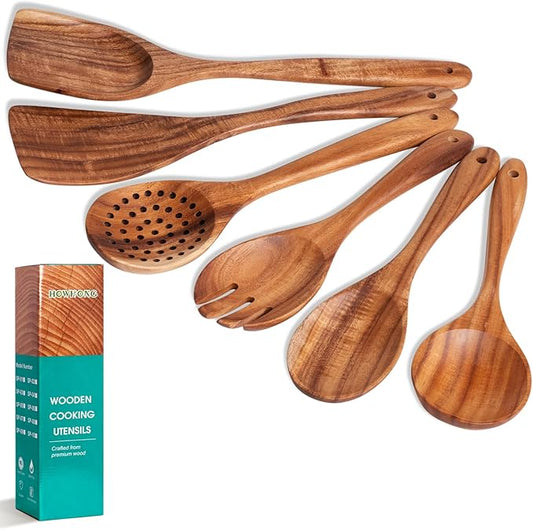 HOWHONG Wooden Spoons for Cooking, Teak Wood Kitchen Utensil Set, Premium Handmade Wooden Utensils for Nonstick Cookware, Heat Resistant, Smooth Finish, Comfortable Grip, 6 Piece by HOWHONG