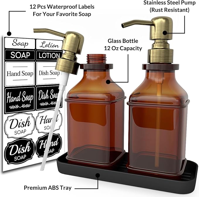 LMQML Soap Dispenser - 2 Pack, Antique Design Thick Amber Glass Hand Soap Dispensers with Sturdy Tray; 304 Rust Proof Stainless Steel Black Pump, 12Pcs Stickers, for Kitchen, Bathroom - Brushed Gold - Image 2