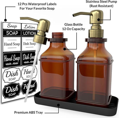 LMQML Soap Dispenser - 2 Pack, Antique Design Thick Amber Glass Hand Soap Dispensers with Sturdy Tray; 304 Rust Proof Stainless Steel Black Pump, 12Pcs Stickers, for Kitchen, Bathroom - Brushed Gold - Image 2