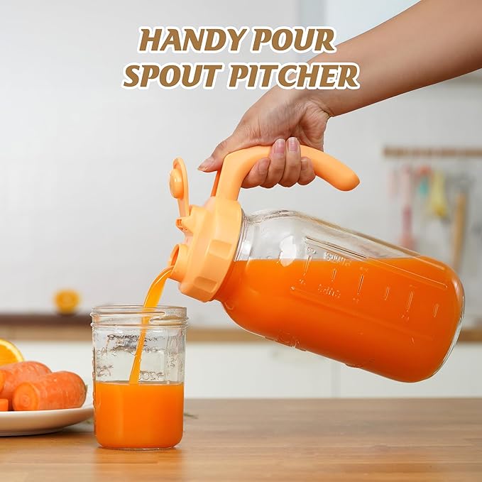 Soligt Glass Mason Jar Pitcher with Lid, Wide Mouth Flip Cap Pour Spout Leak-proof Lid with Handle, 64 oz (2 Quart / 1.9 Liter), for Iced Coffee/Sun Tea Juice/Cold Brew Coffee (1Pack, Carrot Orange)