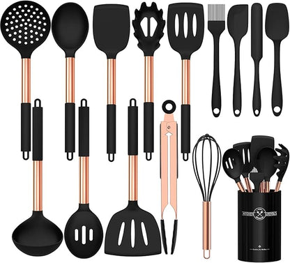 Silicone Cooking Utensil Set, Umite Chef Kitchen Utensils 15pcs Cooking Utensils Set Non-stick Silicone Rose Gold Handle Cooking Tools Whisk Kitchen Tools Set - Balck by UmiteChef
