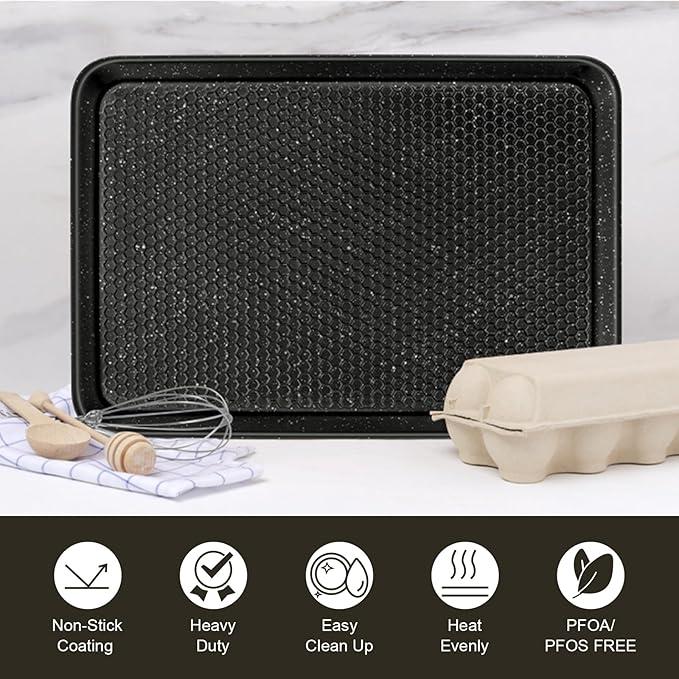 Wildone Baking Sheet Pan Set, Honeycomb Embossed Nonstick Baking Sheet 15x10 In, Thicker Carbon Steel Cookie Sheet, Even Heating Jelly Roll Pan, Black, 2 Pack - Image 7