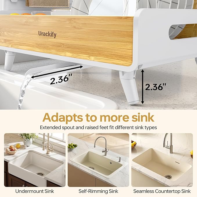 Urackify Dish Drying Rack for Kitchen Counter - Stainless Steel & Bamboo Dish Rack with Large Removable Utensil Holder, Dish Drainer with Adjustable Automatic Spout, White - Image 6