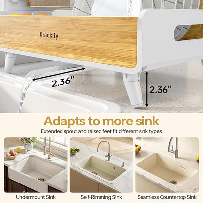 Urackify Dish Drying Rack for Kitchen Counter - Stainless Steel & Bamboo Dish Rack with Large Removable Utensil Holder, Dish Drainer with Adjustable Automatic Spout, White - Image 6