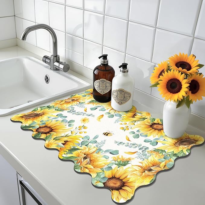 LOKHOM Scalloped Floral Dish Drying Mat, 12"x20" Super Absorbent Coffee Mat with Watercolor Yellow Sunflowers, Cuttable Hide Stain Non-slip Drying Mat for Kitchen Counter Coffee Maker Espresso Machine - Image 9