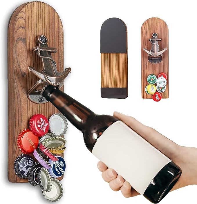 Beer Bottle Opener Wall Mounted with Magnetic Cap Catcher,Wooden Magnetic Bottle Opener for Fridge,Vintage Beer Gifts for Men, Man Cave Decor,Gifts for Men and Beer Lovers(Style 2)