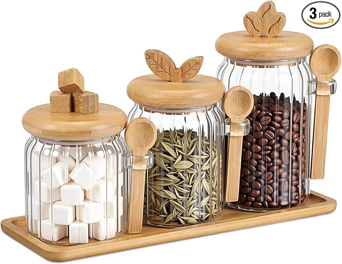 Suclain 3 Pcs Glass Coffee Container with Bamboo Color Lid & Spoon, 25, 20.3, 15 oz Airtight Glass Jar with Wooden Shelf, Food Storage Containers Coffee Jar Tea Container(Bamboo Color) by Suclain
